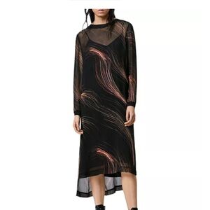 All Saints Ada Streamline Sheer Black Dress with Multicolor Streaks hi lo hem XS